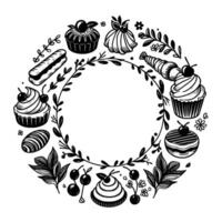 Black and white circular illustration of assorted pastries, cherries, and floral wreath with empty center space. vector