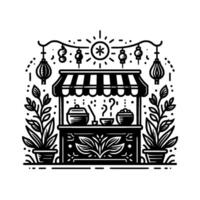 Simplified monochrome illustration of a food stall with hanging lanterns, sunburst, potted plants, and question mark, suggesting culinary choices. vector