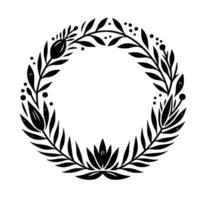 Intricate Black Floral Wreath on White A symmetrical and elegant featuring stylized leaves, buds, and berries, forming a decorative circular frame. vector