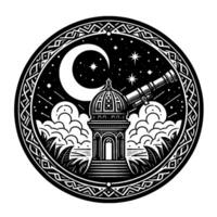 Black and white circular illustration observatory dome under crescent moon, starry sky, palm trees, and ornate border. vector