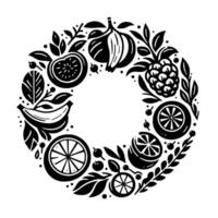 Black and white fruit wreath with diverse fruits and leaves arranged in a circular composition, minimalist design. vector