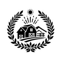Black and White Farm with Barns, Fields, Sun, and Laurel Wreath, Simple Rustic vector