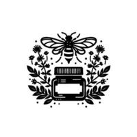 A stylized black and white emblem showcasing a bee hovering over a honey jar, framed by floral and leaf elements. vector