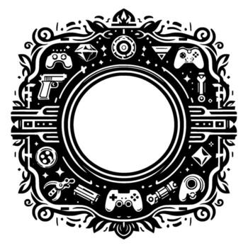 Monochromatic gaming and adventure emblem featuring game controllers, weapons, and gem elements, inside a floral border. vector