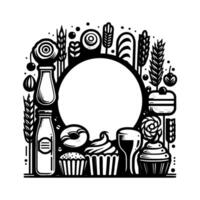 Black and white illustrated food border design, with a central empty circle, showcasing bakery items, dairy, and sweets. vector