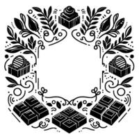 Intricate Black and White DessertThemed Circular Illustration Featuring Chocolates, Cakes, and Decorative Floral Elements, Centered on a White Background. vector