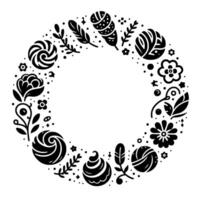 Circular floral and decorative element, a black and white with intricate patterns, leaves, flowers, and a textured ball of yarn or feather. vector