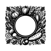 Black and white circular veggie frame with blank center for text or imagery, showcasing a bounty of vegetables and decorative foliage. vector
