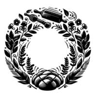 Black and white circular design, featuring baking tools, wheat, flowers, and a loaf of bread, inside a wreath with a simple artistic style. vector