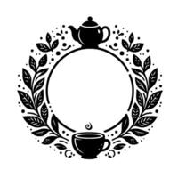 Monochrome TeaThemed Round Frame A stylized circular featuring a teapot, teacup, and leafy embellishments, perfect for invitations. vector