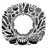 Black and White Circular Featuring Bread, Pastries, Floral and Foliage Elements Arranged Around a Blank Circle Frame. vector