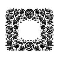 Whimsical Sweet Treats Border A Black and White Illustration Featuring Candies, Lollipops, and Berries in a Square Frame with Negative Space Center. vector