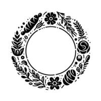 A minimalist circular frame, crafted with black line art, featuring floral, botanical, and Easter motifs in monochrome. vector