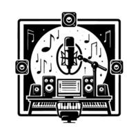 Monochromatic Recording Studio Icon Microphone Music Notation, Audio Equipment, Keyboard, Speakers, Circle and Square Frame. vector