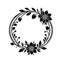 Elegant Floral Wreath A symmetrical, black and white illustration of flowers, leaves, and berries arranged in a circular frame for elements. vector