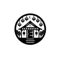 Black White Illustration Asianstyle shop with hanging lanterns, crescent moon, and minimalist framed in a circle. vector