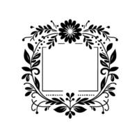 Intricate black and white floral square frame design, featuring leaves, flower, and dotted embellishments, creating an elegant border. vector