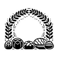 Minimalist Black and White Illustration Floral Wreath Bordering Array of Baked Bread, Symbolic Decorative Design. vector