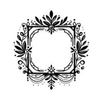 Ornate Black and White Decorative Square Frame with Floral and Geometric Elements on a White Background. vector