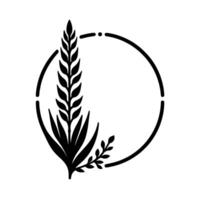 Minimalist black and white botanical featuring a stylized wheat stalk, leaves, and a circular frame on a clean white background. vector