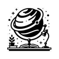 Minimalist monochrome illustration of a planetthemed globe on a desk with a lamp, open book, and potted plant, evoking study. vector