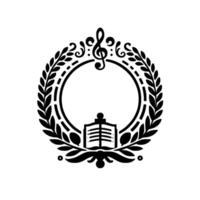 Elegant Musical Crest Laurel Wreath, Treble Clef, Open Circle, and Score with Black and White Symmetry. vector