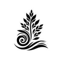 Black and White Stylized Floral Featuring Spiral Motif and Leafy Branches Rising from Wavy Base, Minimalist Art vector