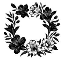 Elegant Black and White Floral Wreath Illustration with detailed line art, featuring lilylike flowers leaves creating a circular frame design. vector
