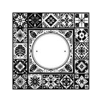 Intricate Black and White Square Tile Design Floral and Geometric Patterns Frame a Central Circular Space. vector