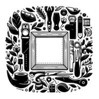 Intricate circular arrangement of leathercraft tools and botanical elements surrounding a central frame, rendered in black and white. vector