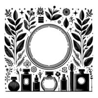 Black and white botanical featuring ornate frame with perfume bottles, floral elements, and a minimalist aesthetic. vector