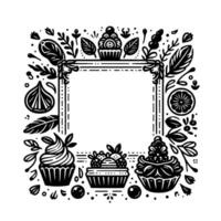 Black and white illustration of a decorative square frame with a blank center, adorned with cupcakes, fruit, and botanical elements. vector