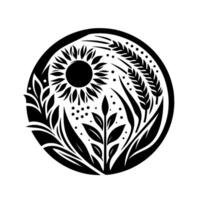 Circular, Stylized Black and White Illustration A sunflower, wheat, and leafy elements within a rounded frame, representing growth. vector
