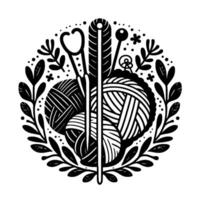 Monochrome Crafting Emblem Yarn, Needles, and Botanical Elements in a Circular, Minimalist Design. vector