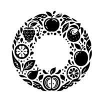 Black and white circular featuring a variety of fruits and leaves arranged around a blank center, resembling a wreath. vector