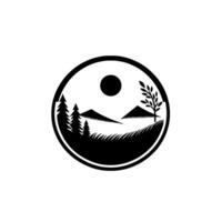 A minimalist black and white circular depicting a landscape with mountains, trees, a tree, and sun. vector