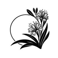 Black and White Floral Arrangement with a Circular Frame, Elegant Design, Modern Minimalist Aesthetic on White Background. vector