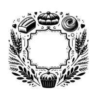 Monochrome bakery illustration with a central frame, featuring bread, pastries, wheat, and decorative elements. vector