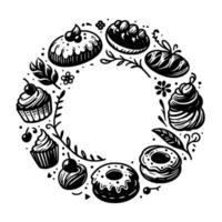 Black and White Dessert Wreath A circular composition of stylized cakes, pastries, cupcakes, and decorative elements forming a charming graphic. vector