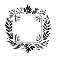 Elegant Black and White Floral Wreath Bordering a Square Frame on White, Botanical Design. vector