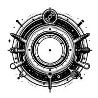 Intricate SteampunkInspired Mechanical Diagram of a Circular Device Featuring Gears, Tools, and a Detailed Central Ring. vector