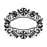 Ornate Black and White Candy Frame, Featuring Lollipops, Swirls, Leaves, and Blank Center for Text or Elements. vector