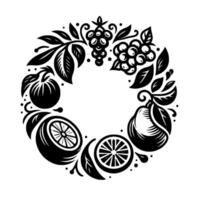 Intricate Black and White Illustration of a Fruit Wreath Grape, Citrus, Pear, and Leaf Design. vector