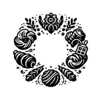 Black and white circular ornament featuring stylized baked goods, leaves, and floral elements, creating a symmetrical decorative frame. vector