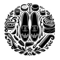 A symmetrical black and white featuring a pair of dress shoes at the center, surrounded by various grooming tools, creams, and decorative floral elements, all arranged in a circular formation. vector
