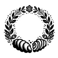 Elegant blackandwhite illustration of a circular floral wreath, featuring leaves, a flower, dots, and stylized breadlike shapes below, creating a decorative border. vector