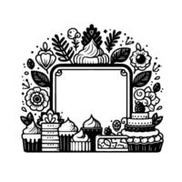 Monochrome Illustrated Celebration Frame Cakes, Cupcakes, Flowers, and Decorative Elements Bordering a Blank Rectangular Space, Perfect for Invitations or Announcements. vector