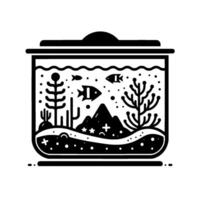 Minimalist Black and White Illustration of a Contained Ecosystem with Fish, Plants, and Mountains within a Rectangular Glass Tank. vector