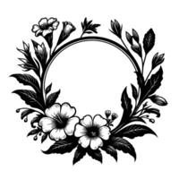 Intricate Black and White Floral Wreath with Hibiscus, Leaves and a Central Empty Circle for Customization. vector