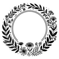 Intricate Black and White Circular Botanical Frame, Featuring Diverse Floral Elements, Leaves, and an Open Center for Text. vector